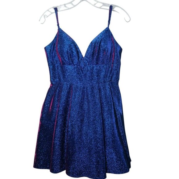 B.Darlin Glitter knit Skater Party Dress Spaghetti Straps Saphire/Fuschia 11/12 - Picture 3 of 11
